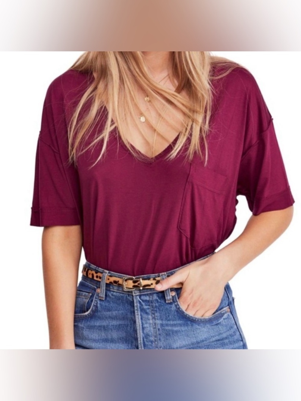 Free People Ronnie Oversized V-Neck Pocket Tee in Bright Berry